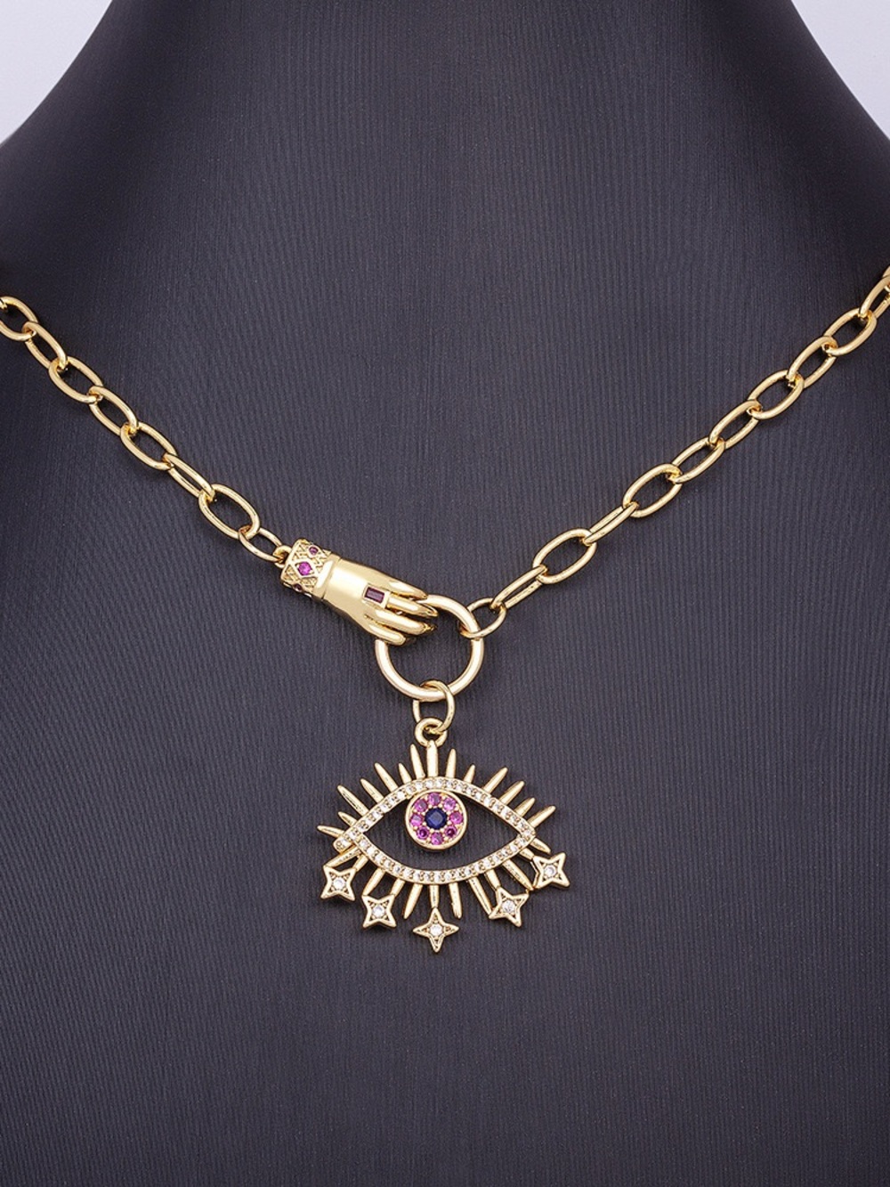 Gold Evil Eye Pendant Necklace with Pink Gem Accent and Hand
